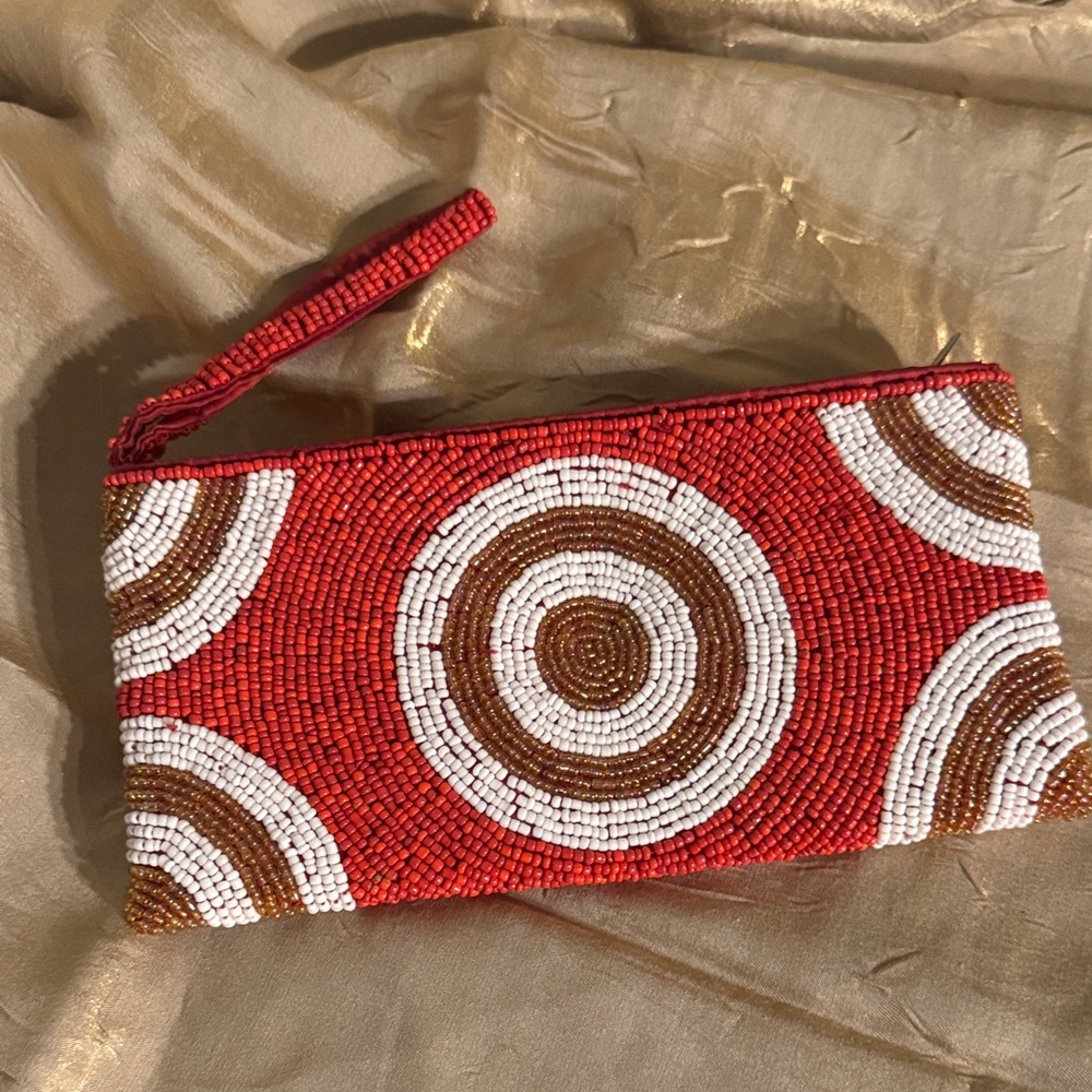 Beaded Red Wristlet Clutch with Circular Pattern